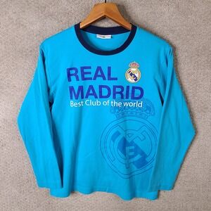 Real Madrid Shirt Mens Small Blue Graphic Tee Cotton Long Sleeve Casual Soccer